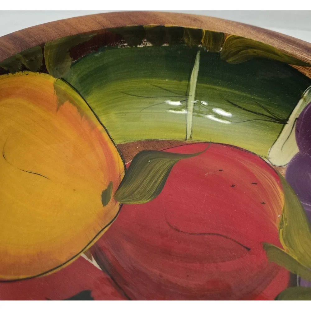 Vtg Hand Painted Mexican Wood Bowl Vibrant Fruit Folk Art Olinala Style Signed